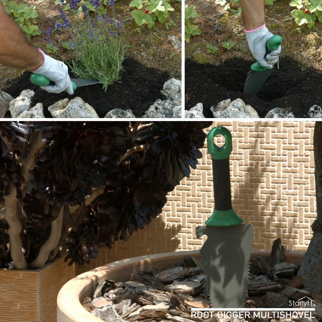 Root digger: 4 en 1 que combina pala, rastrillo, sierra y abrebotellas