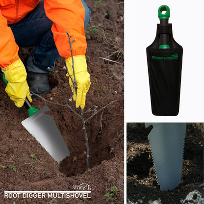 Root digger: 4 en 1 que combina pala, rastrillo, sierra y abrebotellas
