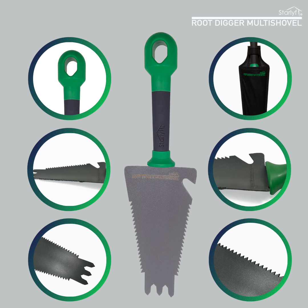 Root digger: 4 en 1 que combina pala, rastrillo, sierra y abrebotellas