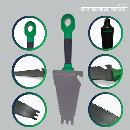 Root digger: 4 en 1 que combina pala, rastrillo, sierra y abrebotellas