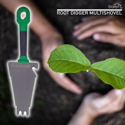 Root digger: 4 en 1 que combina pala, rastrillo, sierra y abrebotellas