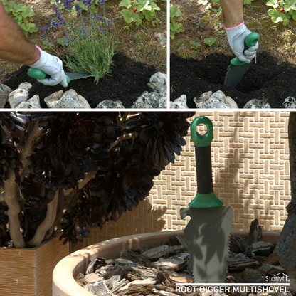 Root digger: 4 en 1 que combina pala, rastrillo, sierra y abrebotellas