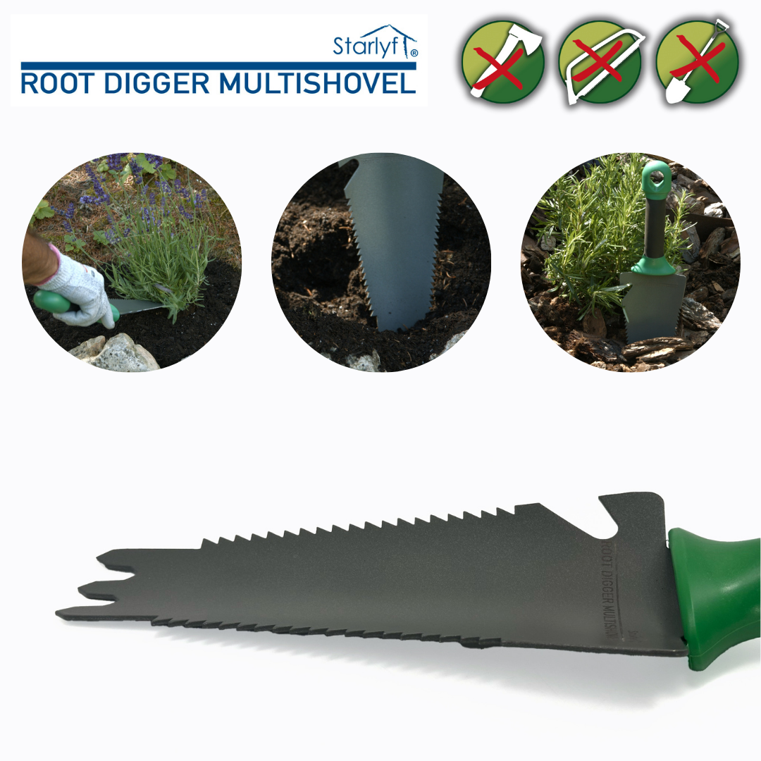 Root digger: 4 en 1 que combina pala, rastrillo, sierra y abrebotellas