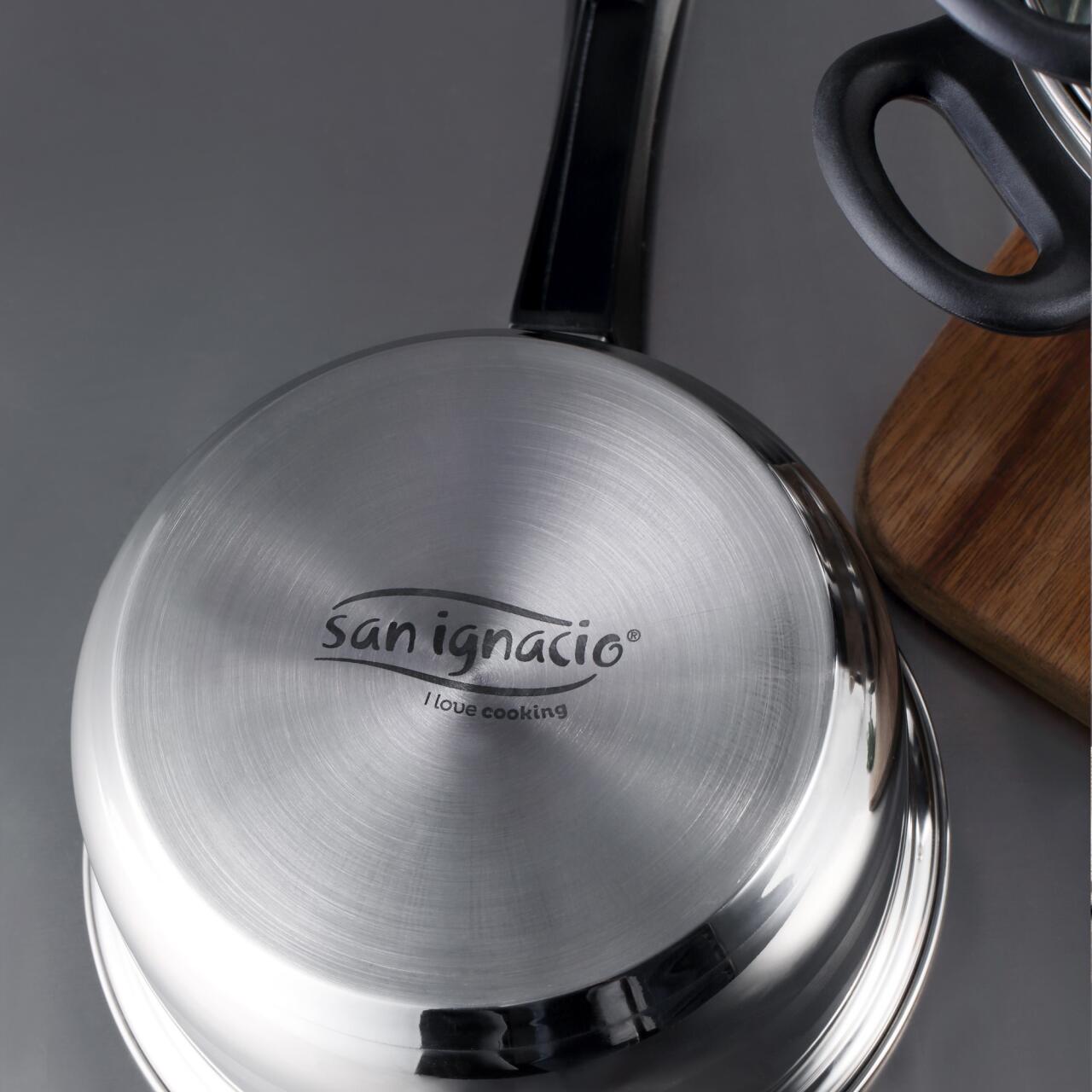 Juego de 3 sartenes rosa Ø16/20/24 y batería de cocina 5 pzs San Ignacio Aluminio prensado y acero inox. Apto para inducción