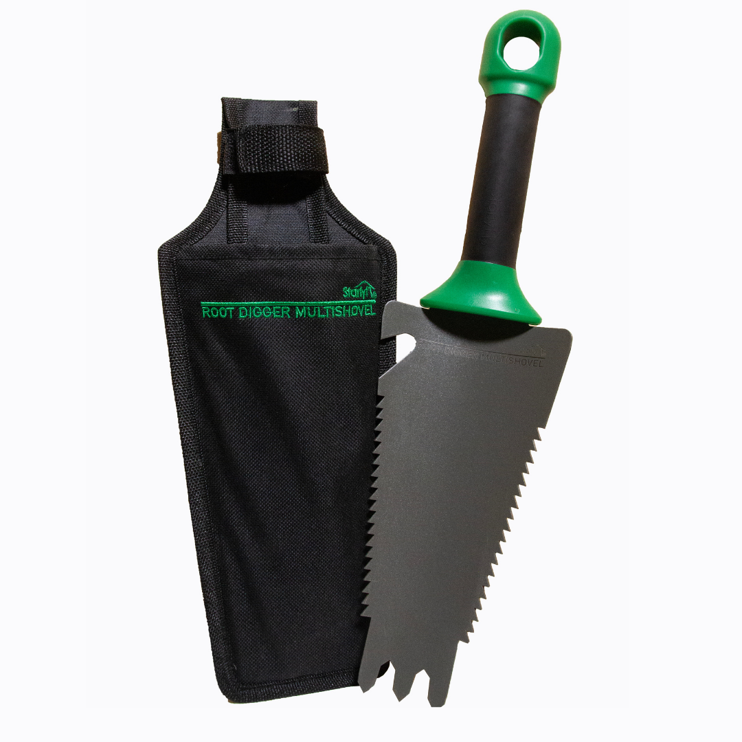 Root digger: 4 en 1 que combina pala, rastrillo, sierra y abrebotellas